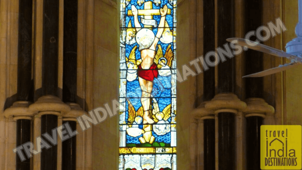 The central stained glass at the apse of the church at St Thomas church in Mumbai
