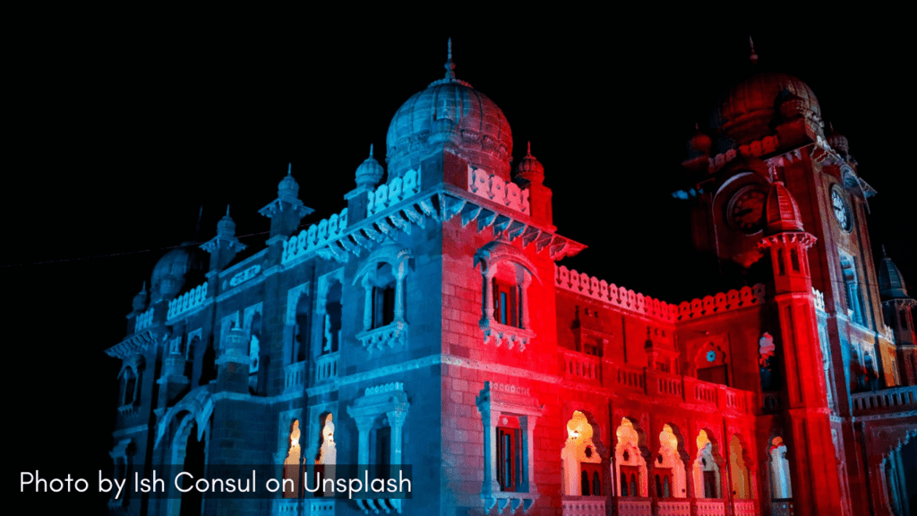 nightlights on Gandhi Hall in Indore Madhya Pradesh
