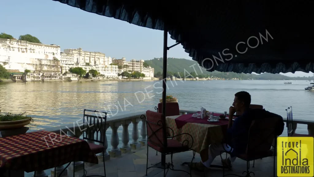 enjoying a quiet lunch at Ambrai Restaurant in Udaipur