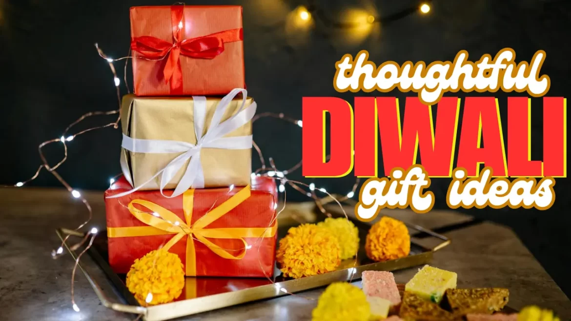 image with gift boxes and text saying thoughtful diwali gift ideas