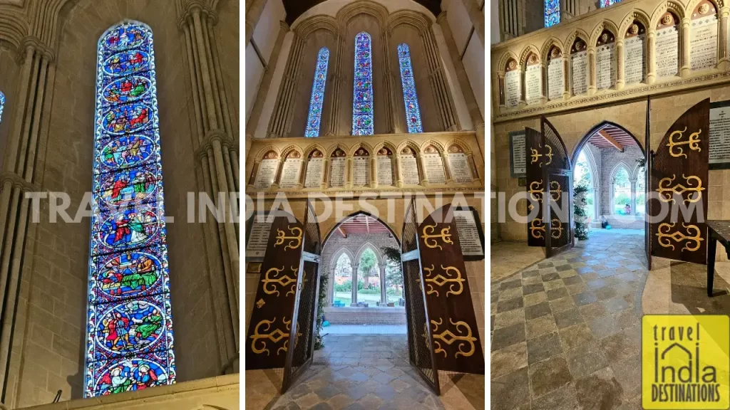 images of the stained glass and the main door of afghan church in mumbai