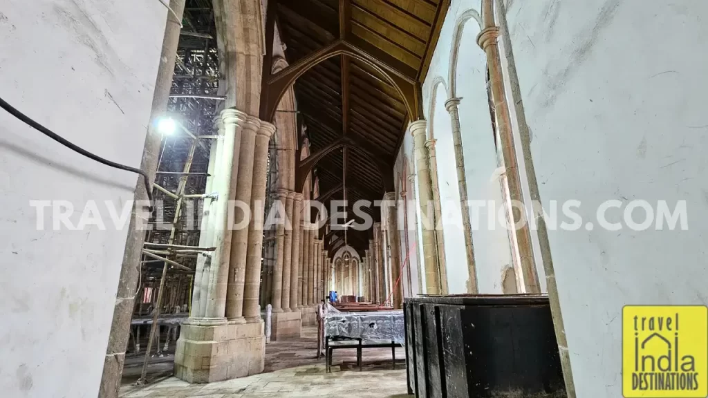 the aisle of the afghan church under restoration work