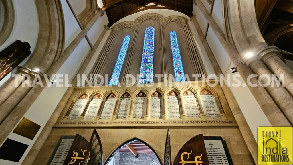 the nine stone arches above the main entrance commemorating the fallen heroes in afghan church mumbai