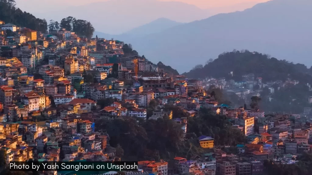 sunset rays on houses in gangtok sikkim in india