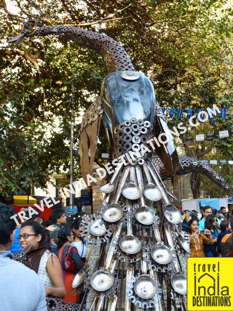 peacock made from junk materials at kala ghoda arts festival