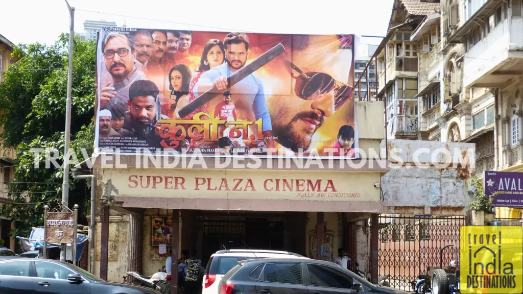 a view of Super Plaza Cinema in Grant Road Mumbai with a poster of a regional movie