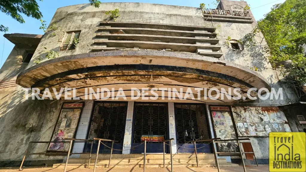 the main entrance of Aurora Talkies Art Deco building in Mumbai