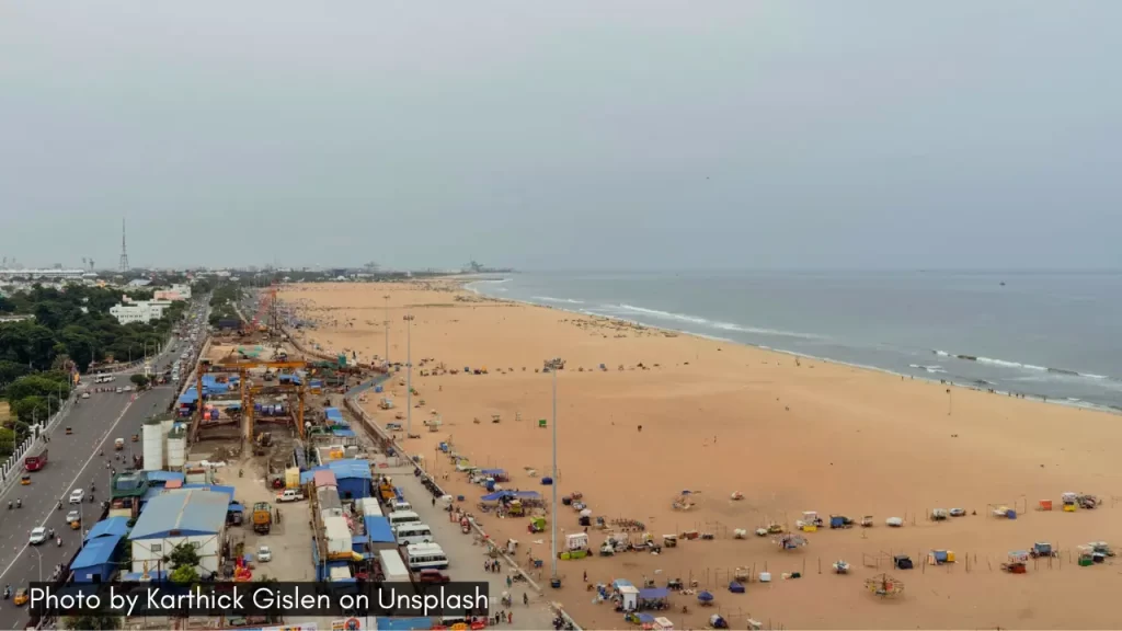 aerial view of marina beach in chennai, the longest beach in india