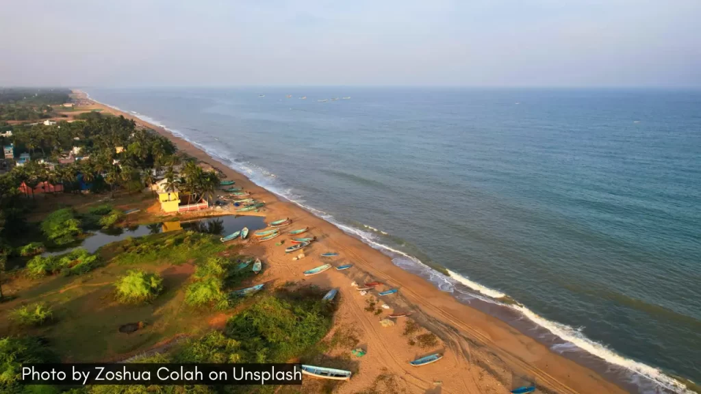 an aerial view of Tanto Far Beach near Pondicherry in India