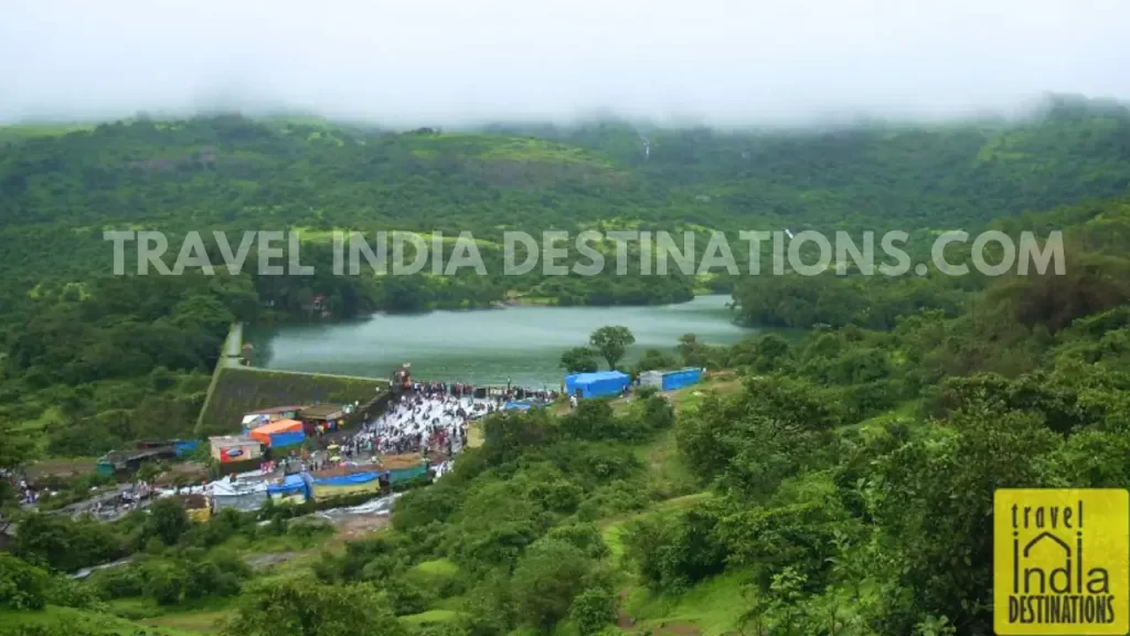 Bird’s eye view of Bhushi Dam Lonavala from the opposite hill, showcasing the dam and surrounding landscape.