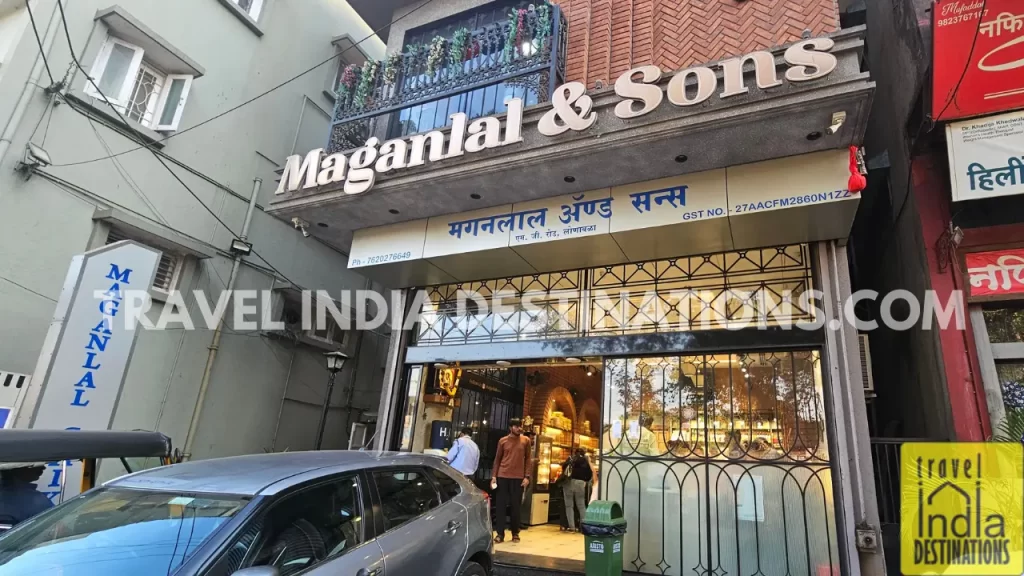 Front view of Maganlal Sons Chikki Shop in Lonavala with shop sign visible