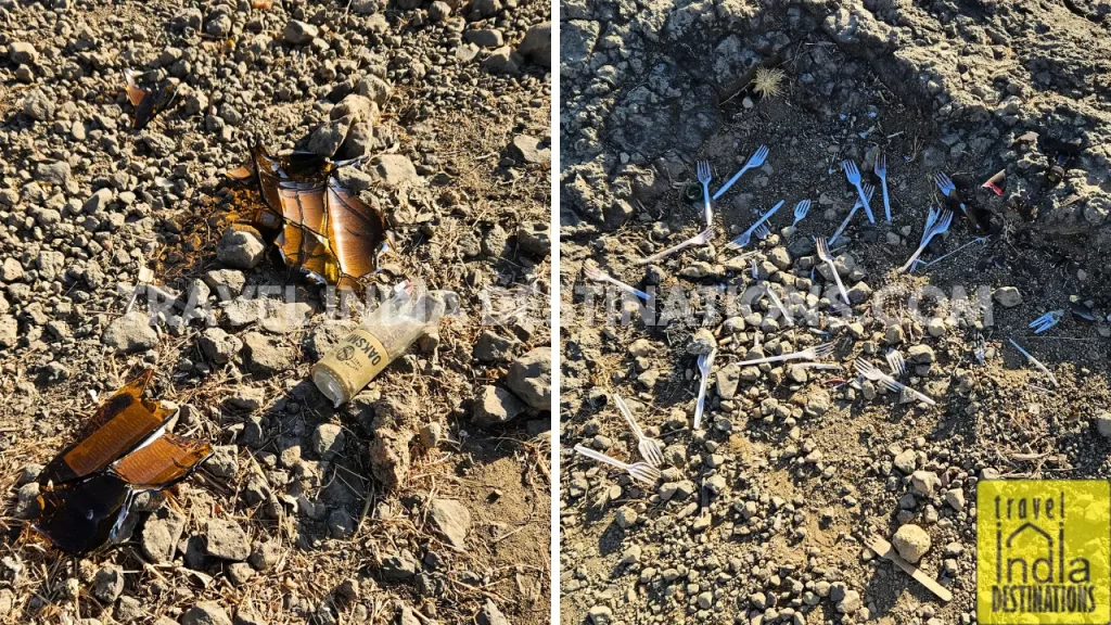 two images side by side of broken glass and plastic spoons and forks in dirt at Tiger Point Lonavala