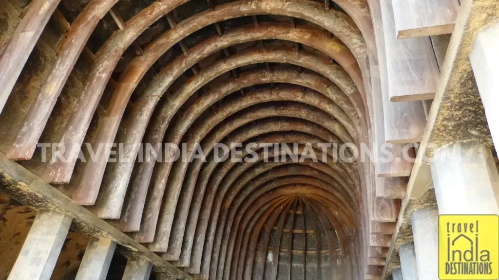 Arched ceiling of the Chaitya Hall at Bhaja Caves, showcasing intricate design.