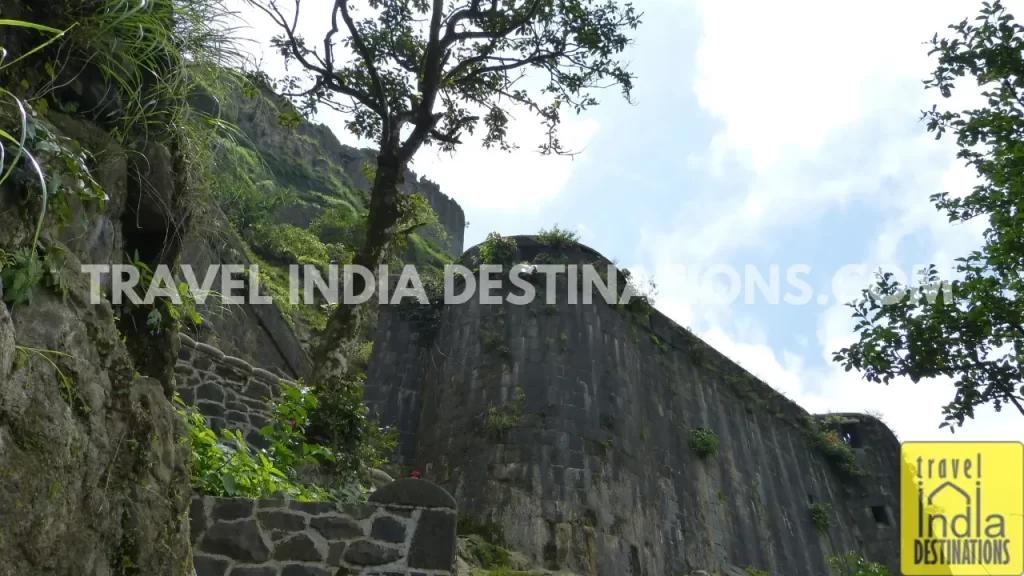An angled shot of one of the bastions of the Lohagad Fort.