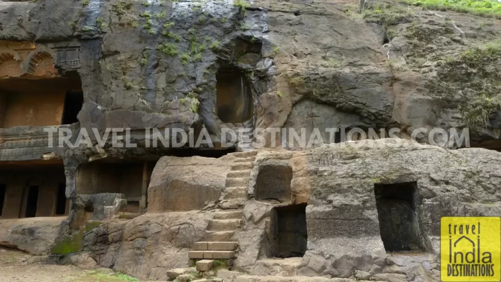 Multiple viharas (monastic cells) at Bhaja Caves, Lonavala, showcasing the ancient rock-cut architecture.