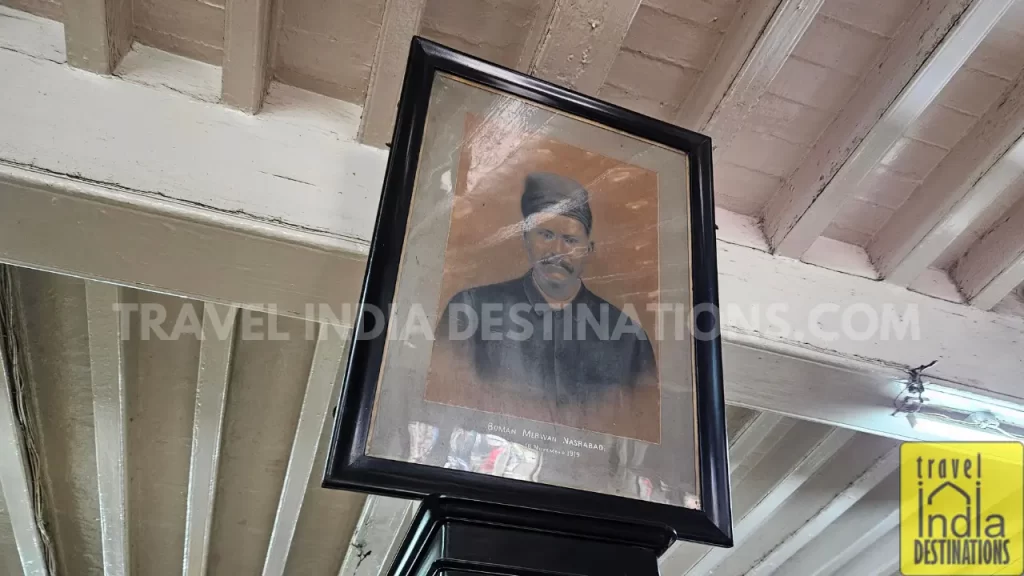 Framed portrait of the founder displayed inside Merwan & Co., a heritage Irani bakery in Mumbai