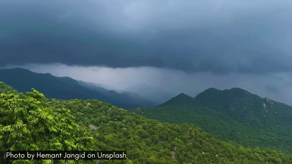 A view of monsoon clouds hovering over lush hills of Mount Abu in Rajasthan.