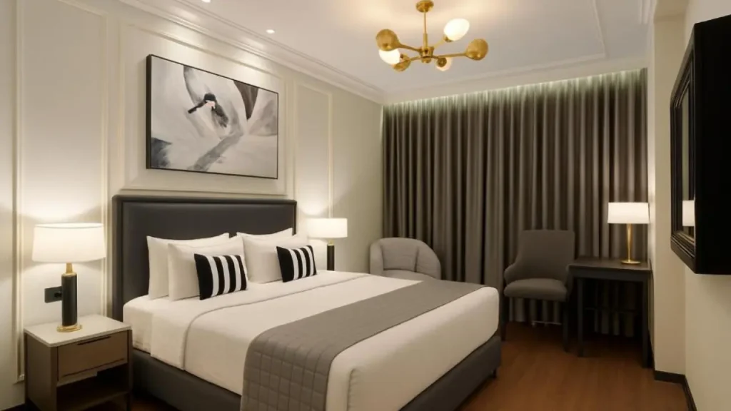 Stylish yet affordable hotel room for travellers at Aauris in Central Kolkata.