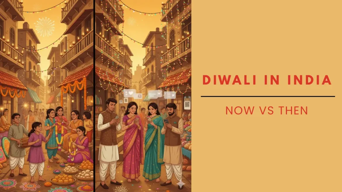 An AI-generated image showcasing kids in the 1980's style neighbourhood celebrating Diwali in contrast to modern day Diwali celebrations with people with smartphones.