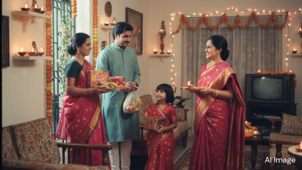 An AI-generated image of guests visiting home during Diwali in the 1980s era.