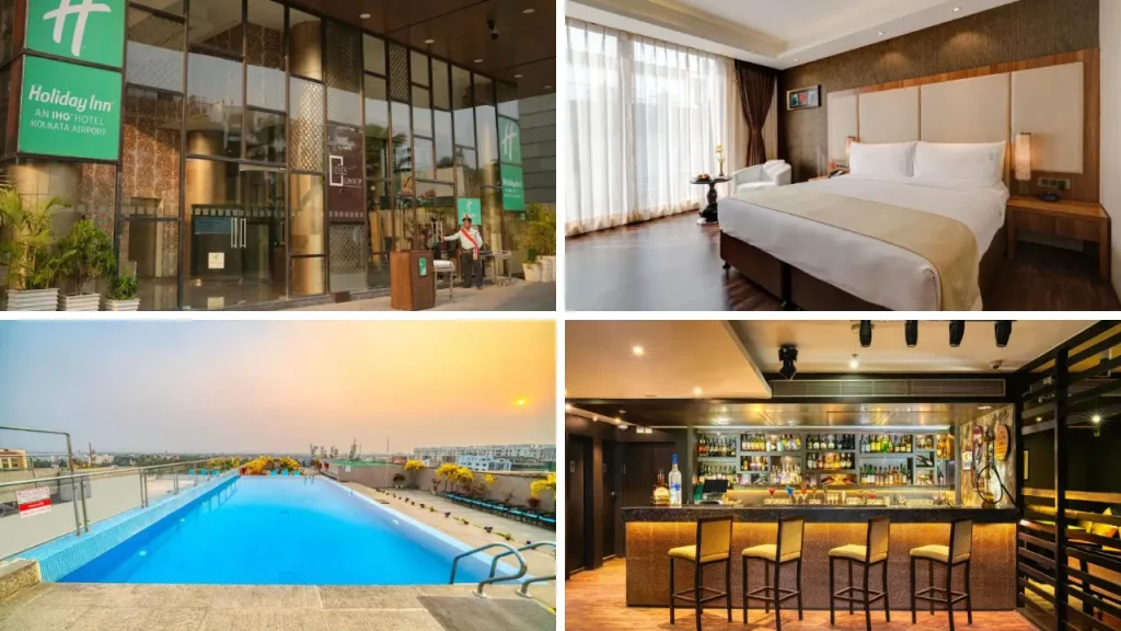 Holiday Inn Airport hotel – grand exterior, deluxe room, bar and rooftop swimming pool.