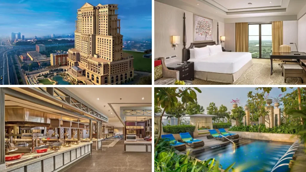 ITC Royal Bengal luxury hotel – grand exterior, deluxe room, fine dining restaurant, and outdoor swimming pool.