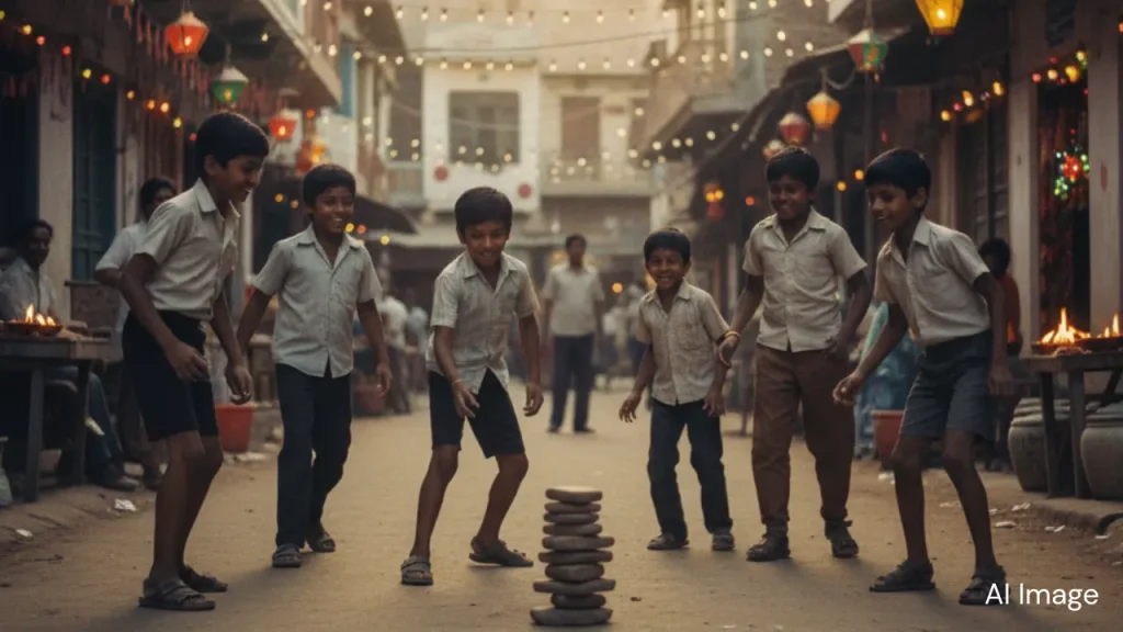 An AI-generated image of kids playing lagori in the street during the 1980s era.