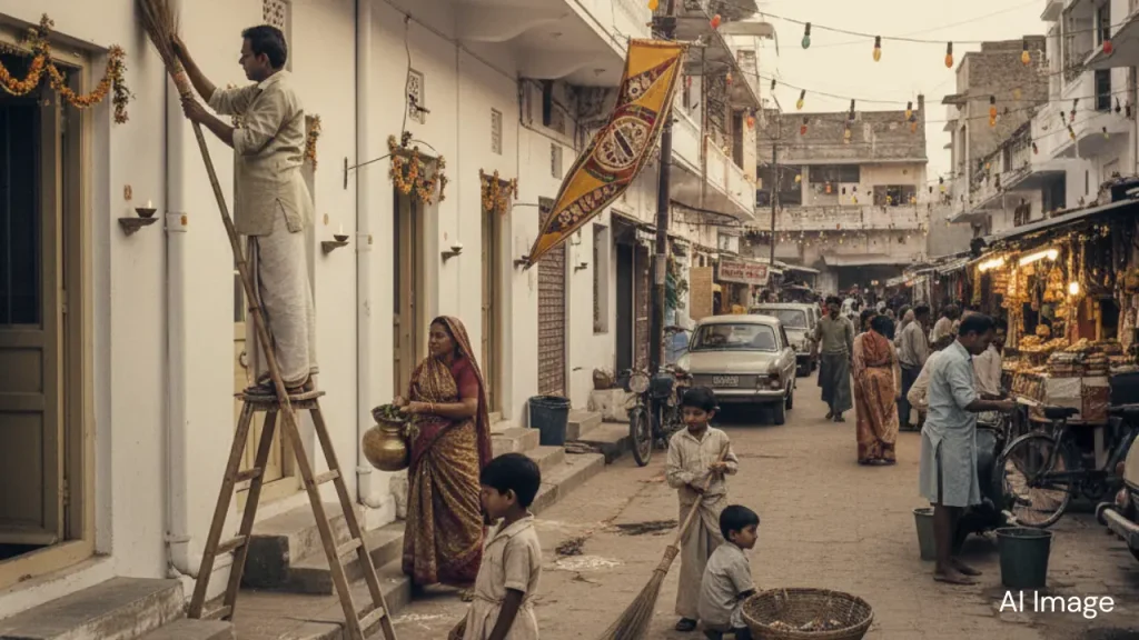 An AI-generated image of people cleaning their homes during Diwali in the 1980s era.