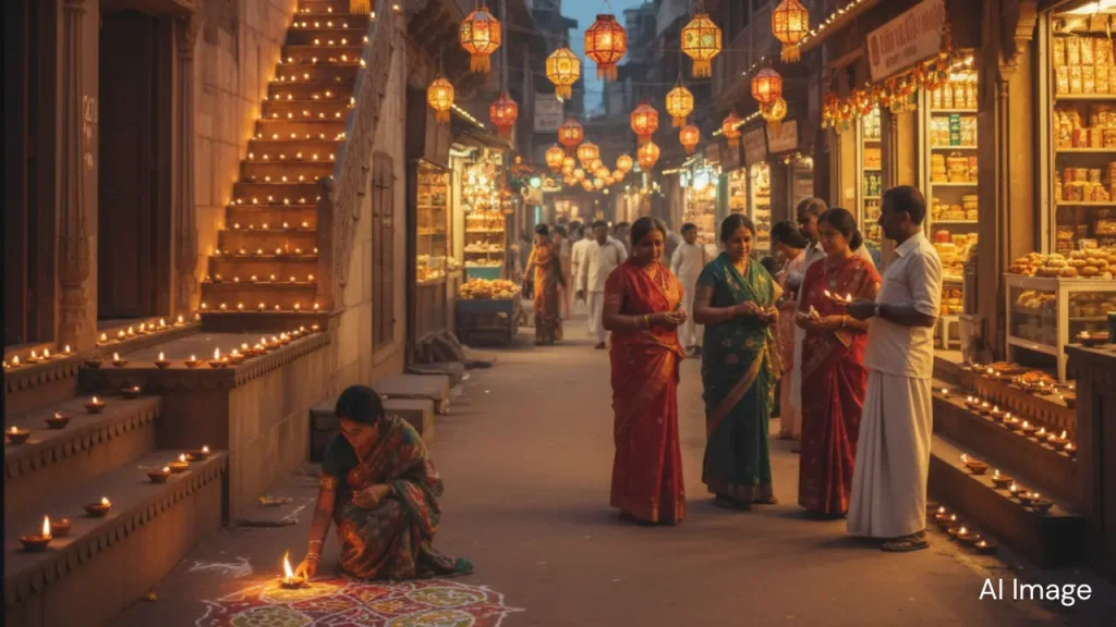 An AI-generated image of people lighting earthern diyas outside their homes during Diwali in the 1980s era.