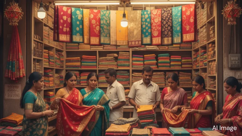 An AI-generated image of people buying clothes during Diwali in the 1980s era.