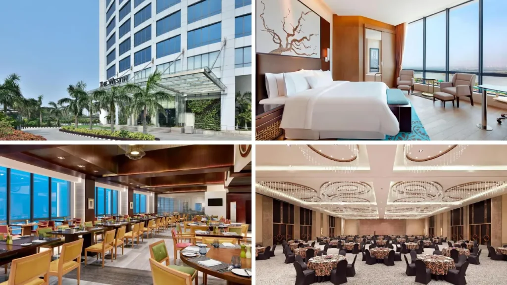 The Westin Kolkata hotel – grand exterior, deluxe room, fine dining restaurant, and banquet facilities.