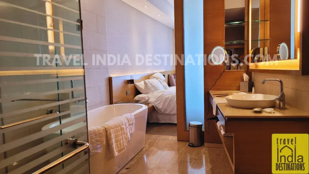 A view of the bathtub and wash basin in Westin Mumbai Garden City King Room.