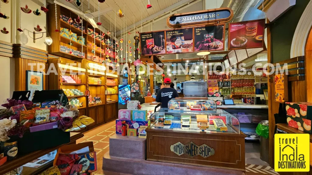 Interior of Bombay Sweet Shop in Mumbai showing colorful mithai and Indian sweets on display, perfect for Diwali, weddings, and festive celebrations.