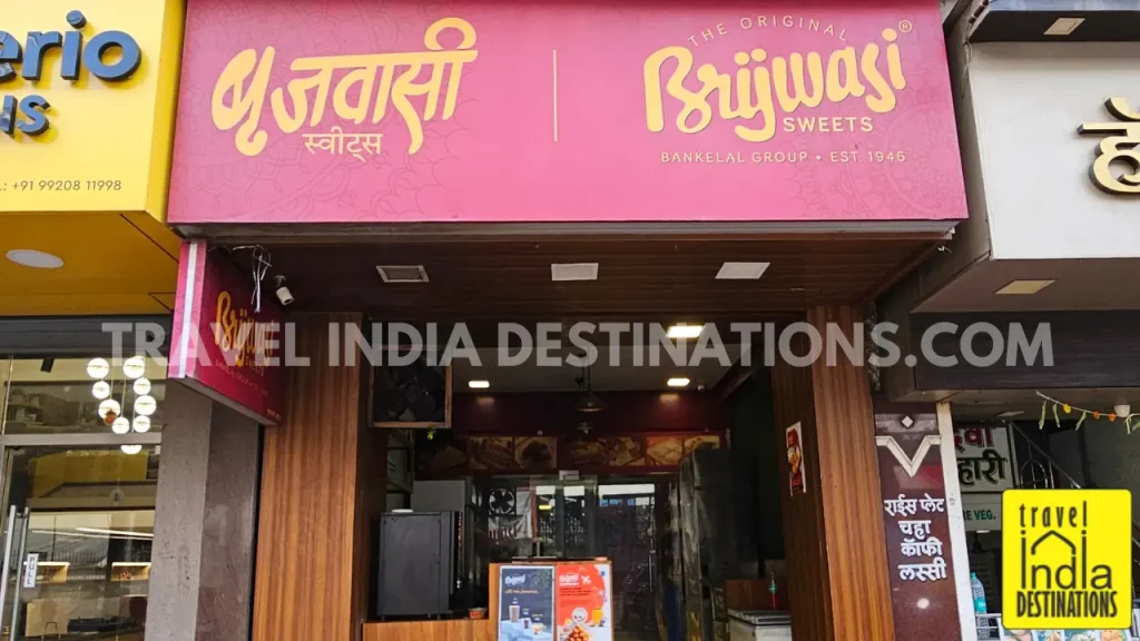 Exterior of Brijwasi sweet shop in Mumbai, a popular destination for traditional Indian mithai and festive sweets.