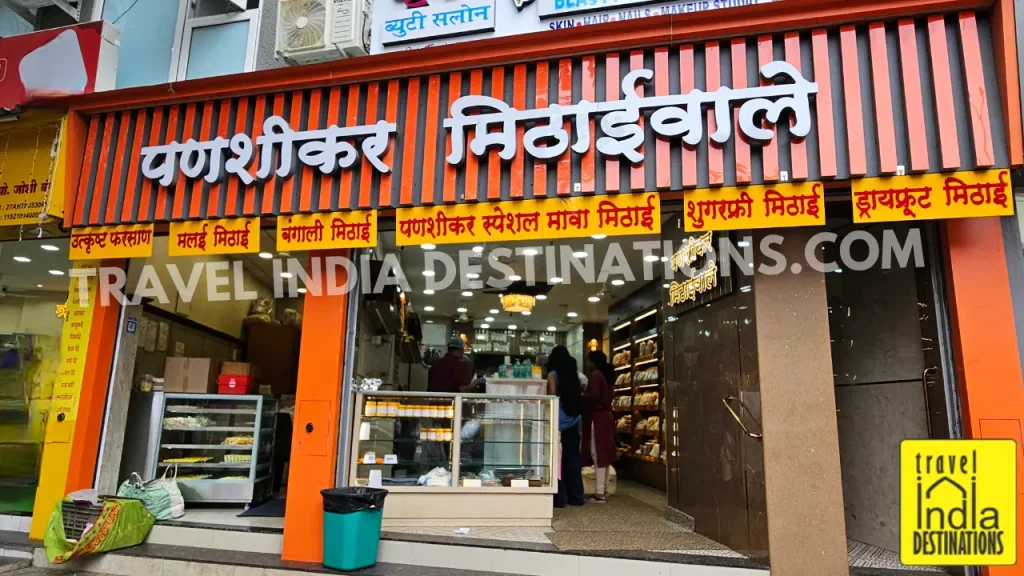 Exterior of Panshikar Mithaiwale sweet shop in Mumbai, a popular destination for traditional Indian mithai and festive sweets.