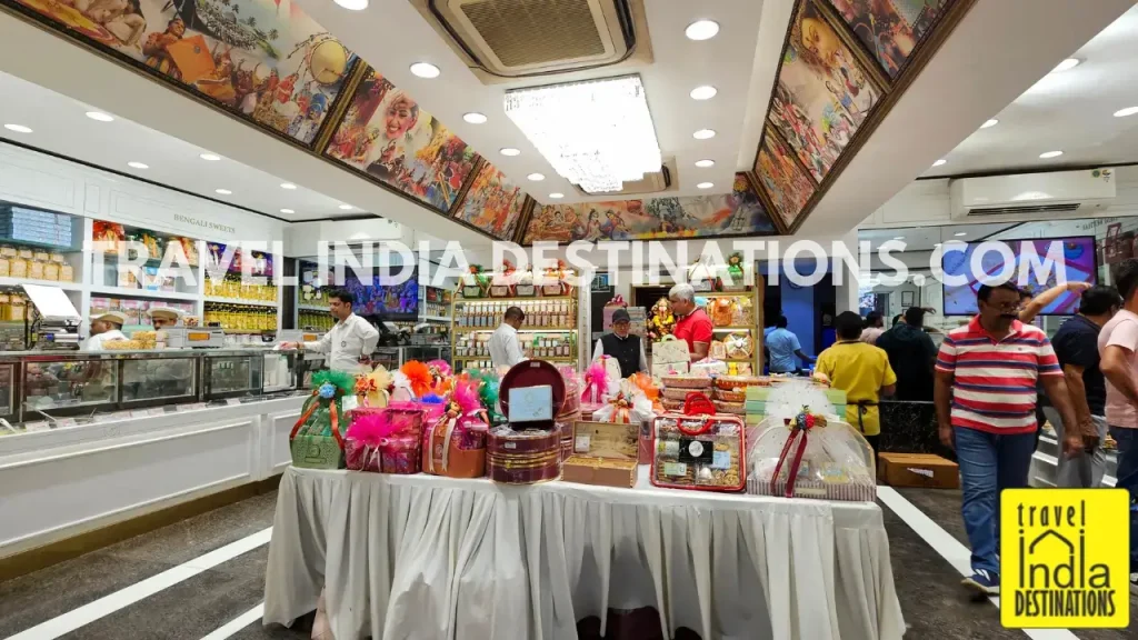 Interior of Prashant Corner in Thane Mumbai showing colourful mithai packages and Indian sweets on display, perfect for Diwali, weddings, and festive celebrations.