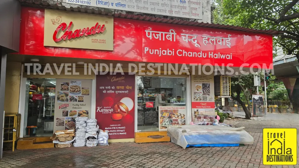 Exterior of Punjabi Chandu Halwai sweet shop in Mumbai, a popular destination for traditional Indian mithai and festive sweets.