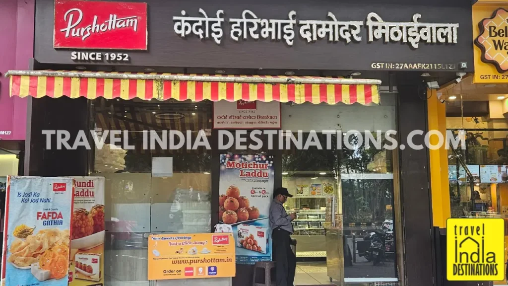 Exterior of Purshottam Kandoi Haribhai Damodar Mithaiwala sweet shop in Mumbai, a popular destination for traditional Indian mithai and festive sweets.