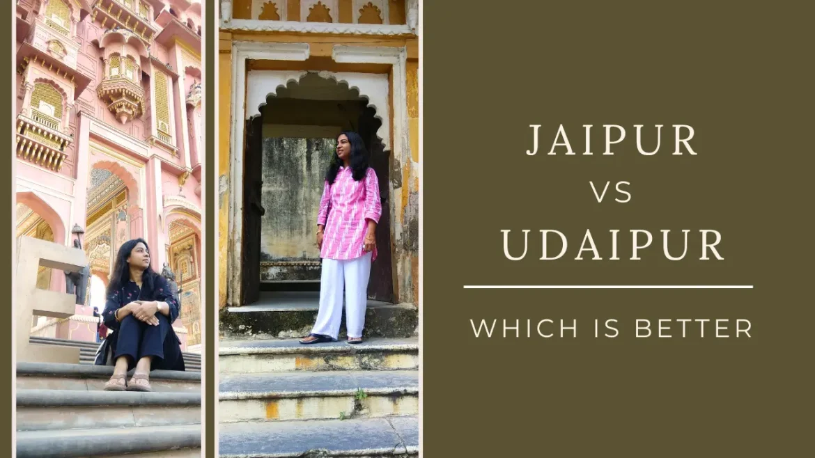 A shot of same woman at two different locations, Jaipur and Udaipur with a title comparing the two cities.
