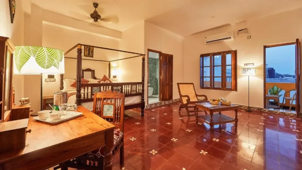 A classic heritage-style room at Villa Du Ocean one of the best beachfront hotels in Pondicherry.
