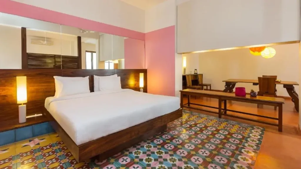 A cozy boutique-style room at Villa Shanti near the beach in Pondicherry, one of the best beachside hotels.