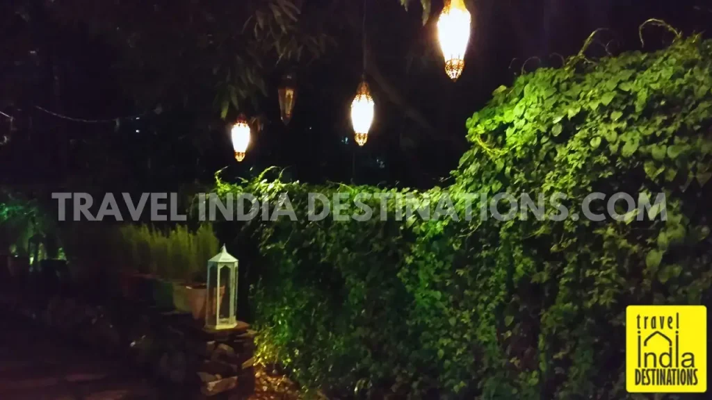 A shot of hanging lights around the courtyard leading to 1559 AD Udaipur restaurant.