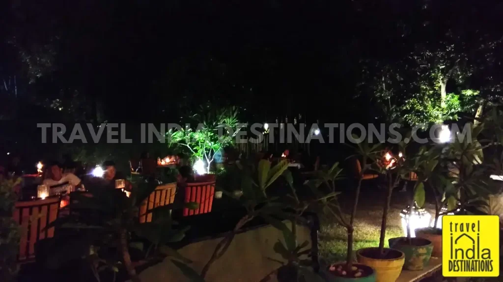 A shot of the outdoor seating at 1559 AD Udaipur restaurant during late evening hours.