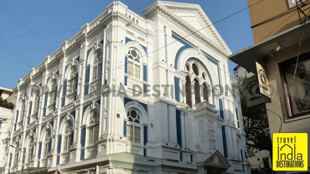 The white and blue exteriors of Keneseth Eliyahoo Synagogue, one of the worship places in Kala Ghoda, Mumbai.