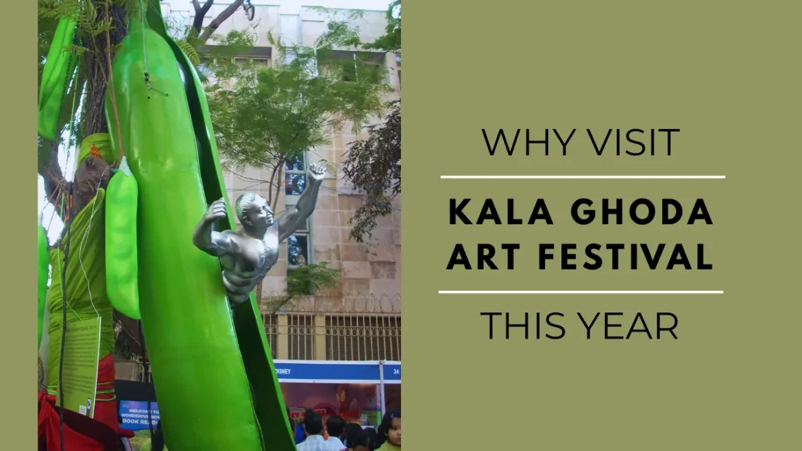 Art installation at Kala Ghoda Arts Festival showing a silver man emerging from a giant pea pod