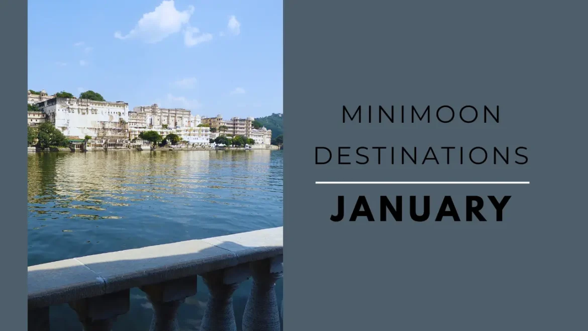 A shot of City Palace Udaipur and Lake Pichola with Minimoon Destinations in January title.