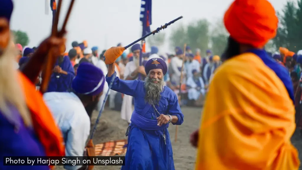 People celebrating Hola Mohalla in Punjab during the Holi festival in India.