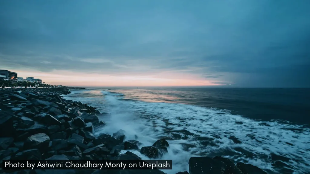 A hazy sunset over the Bay of Bengal from the shores of Pondicherry in India.