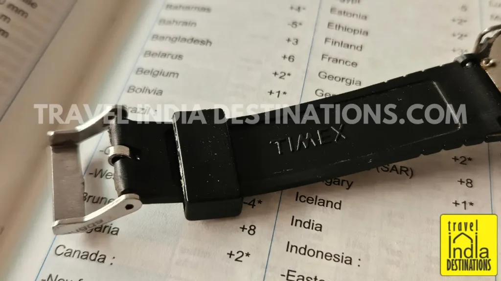 Inside silicone strap of Timex Lextra watch with embossed logo