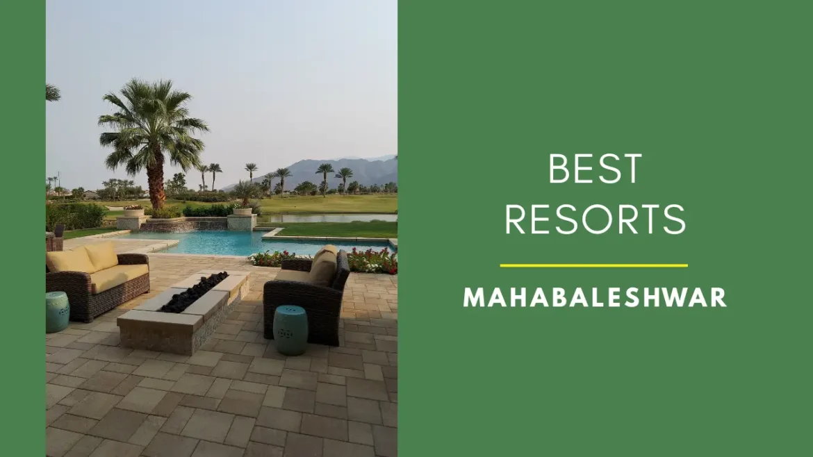A picture of outside seating of a resort with outdoor pool and landscaped garden in Mahabaleshwar.